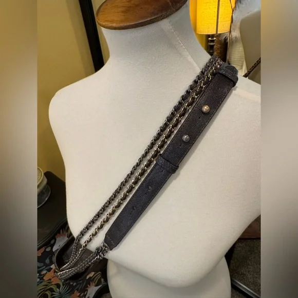 CHANEL Metallic Caviar Chevron Quilted Medium Gabrielle Hobo Dark Silver Gold - Picture 10 of 12